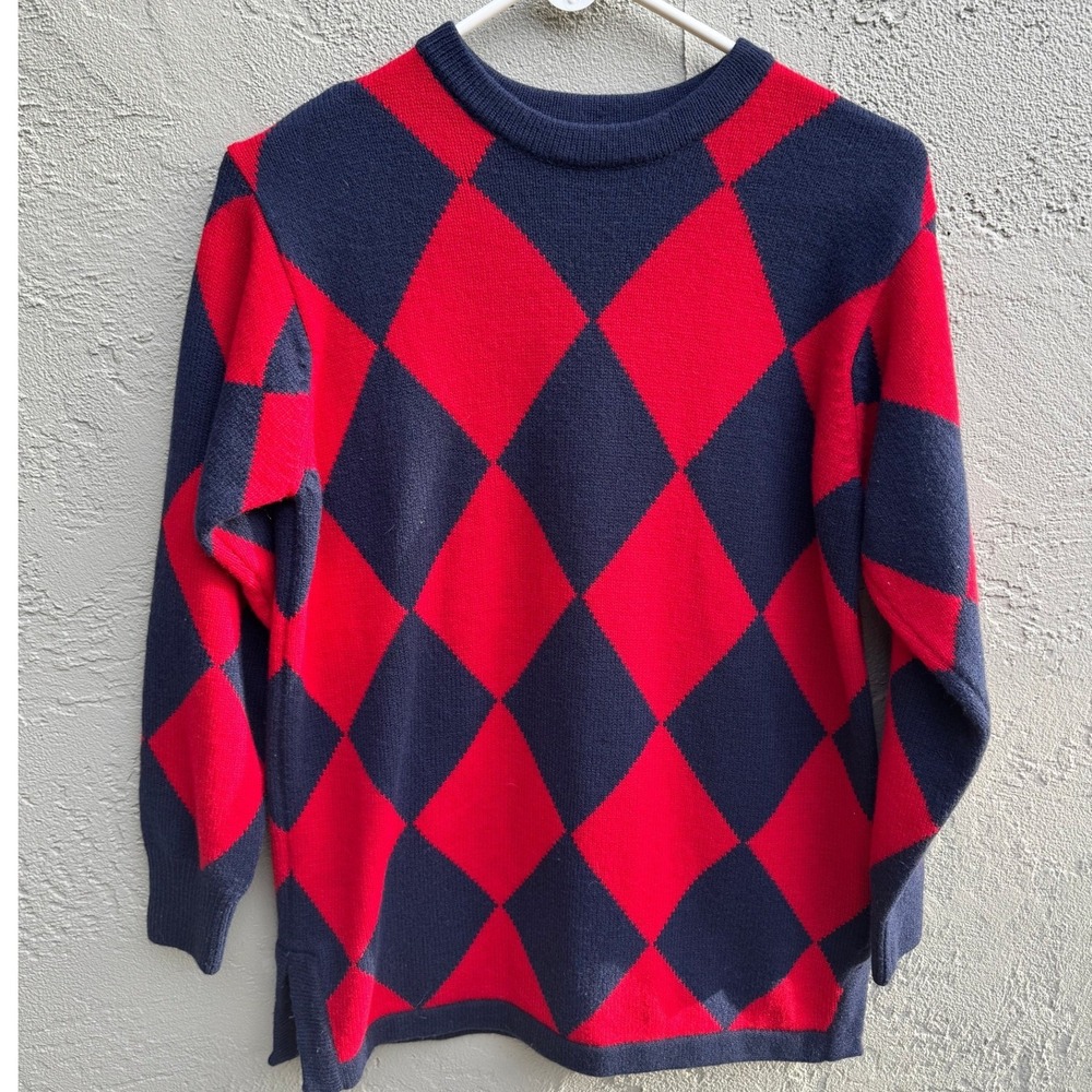 Vintage Liz Claiborne Womens Red Blue Diamond Wool Sweater SMALL Colorblock - Picture 5 of 6